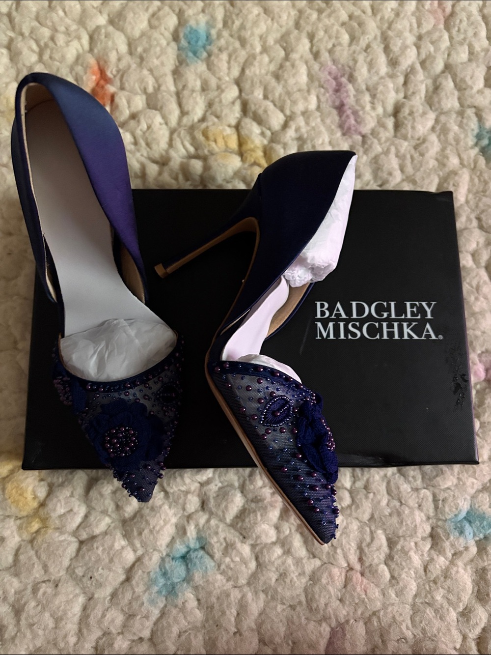 Badgley Mischka Ophelia Midsat Navy Beaded Pointed-Toe Stiletto Pumps NIB